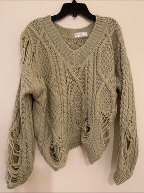 Thinkable Distressed V-Neck Cable Knit Sweater - Sage Green S/M